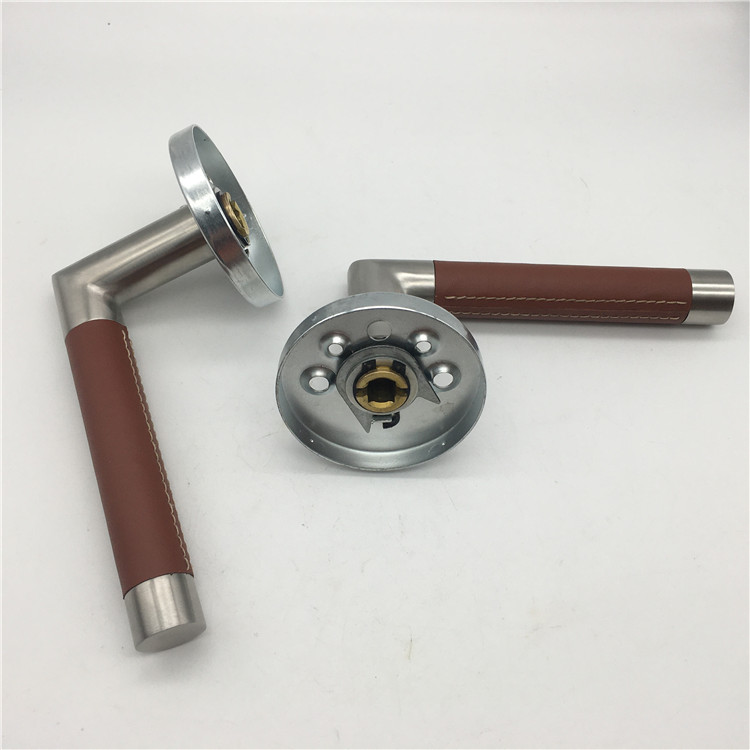 Stainless Steel Brown Leather And Stain Nickel Lever on Rose Door