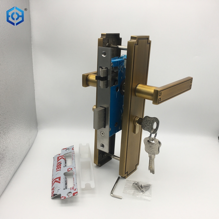 Antique Brass Interior Double Door Handles Lock Mortise Lock Set