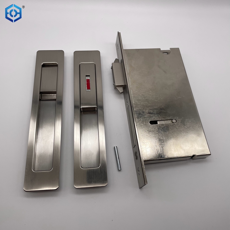 Silver Zinc Alloy Sliding Door Lock Entrance Function Satin Nickel Finish