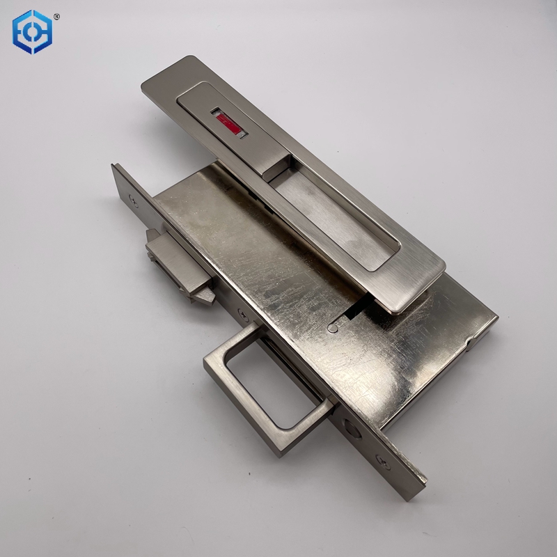 Silver Zinc Alloy Sliding Door Lock Entrance Function Satin Nickel Finish