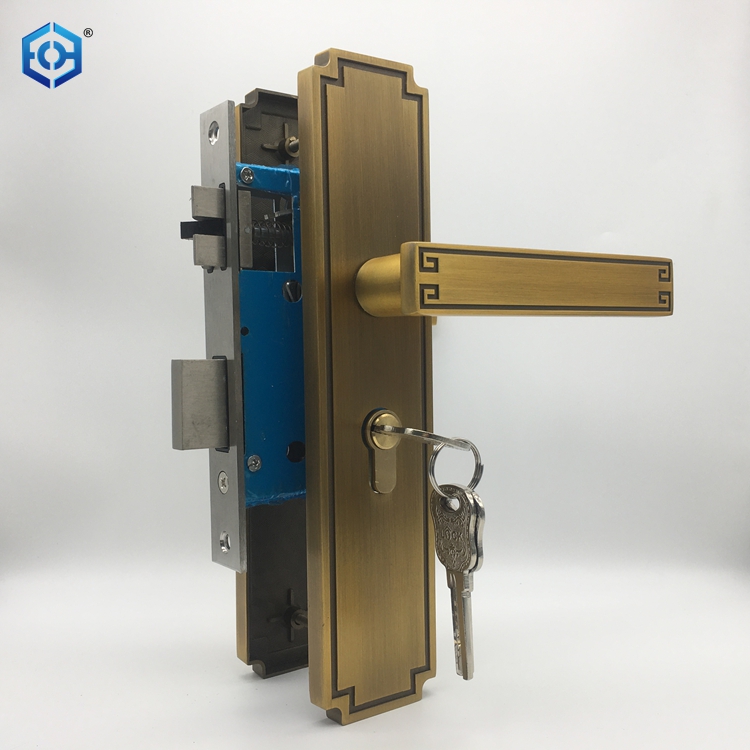 Antique Brass Interior Double Door Handles Lock Mortise Lock Set Security Lock
