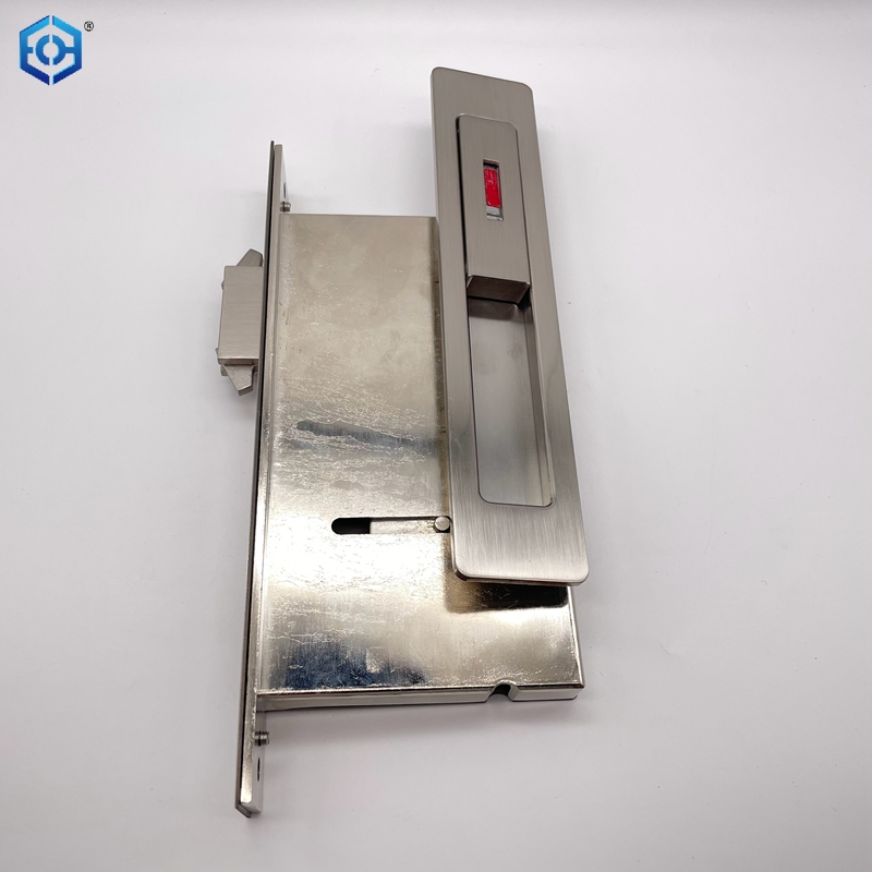 Silver Zinc Alloy Sliding Door Lock Entrance Function Satin Nickel Finish