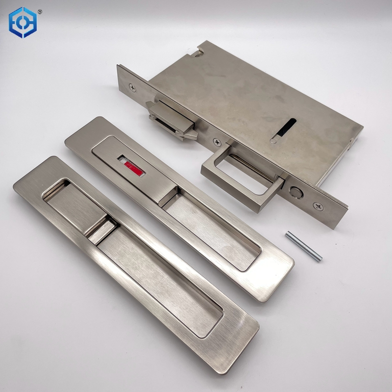 Silver Zinc Alloy Sliding Door Lock Entrance Function Satin Nickel Finish