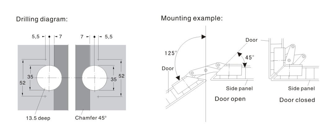 stainless steel and zinc alloy No spring 125 degree door hinge